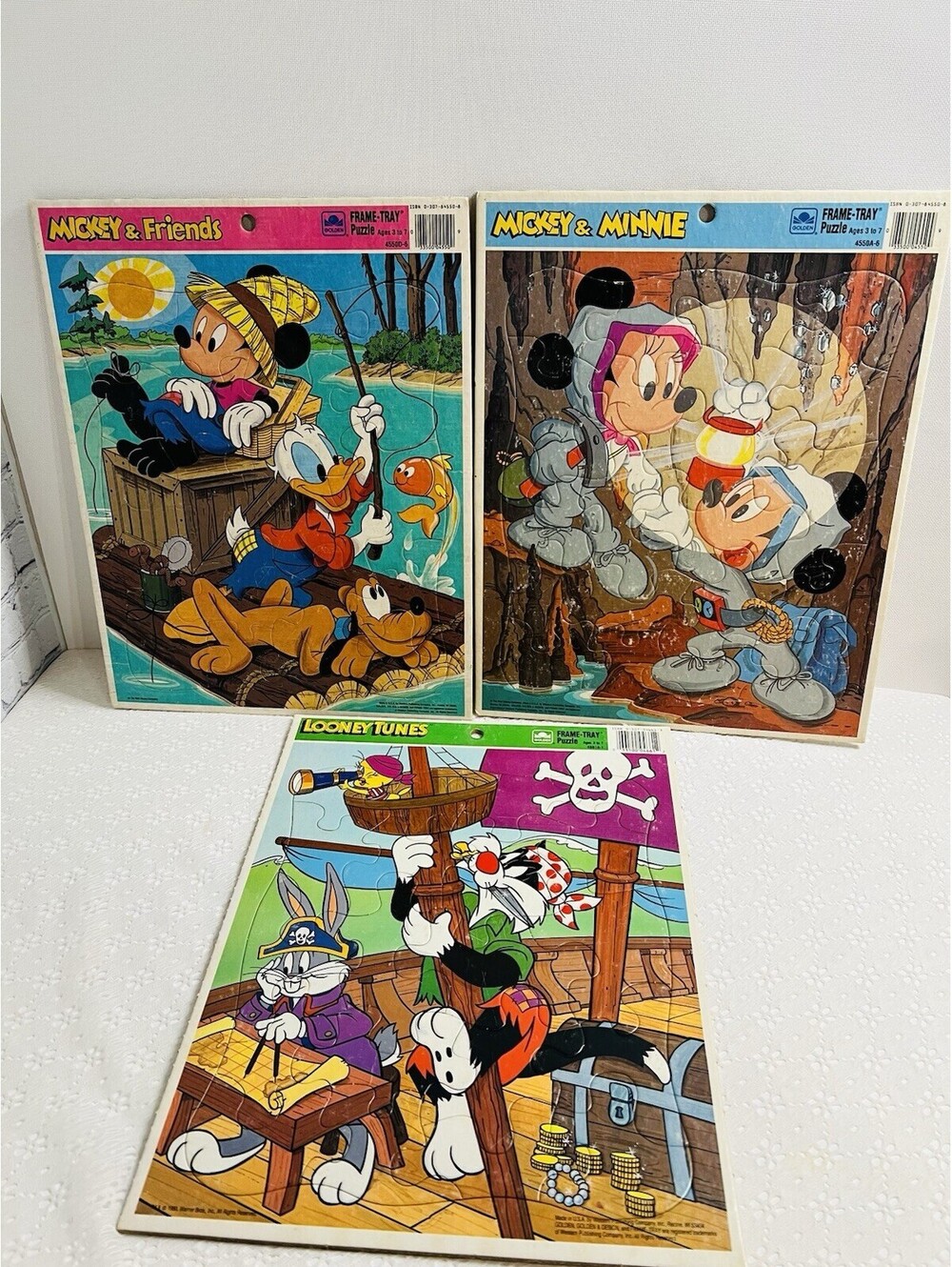 Golden Frame Tray Kids puzzles disney mickey tweety pluto looney tunes bugs VTG